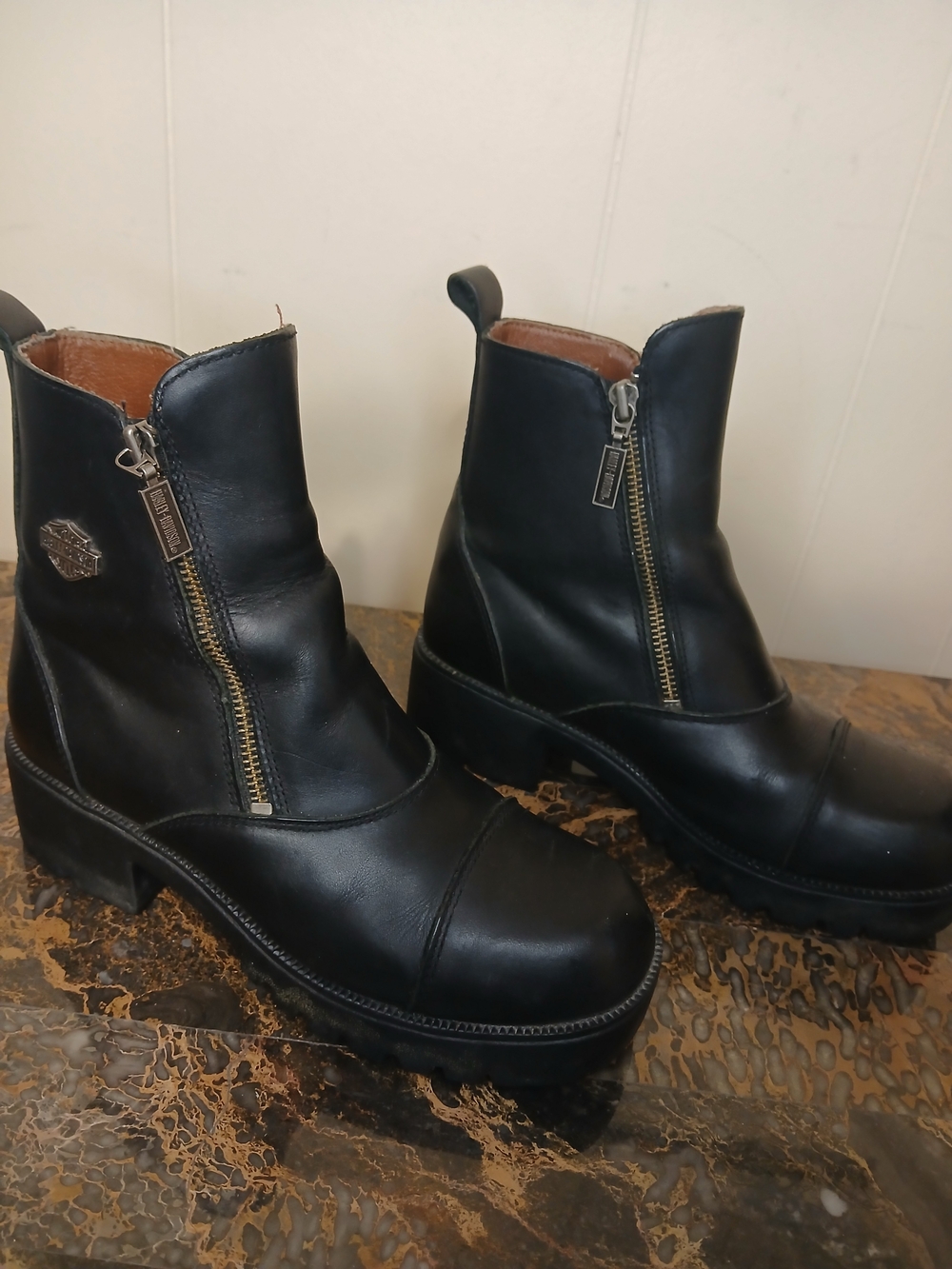 Harley Davidson Black Leather Zip Ankle Boots with Side Zippers